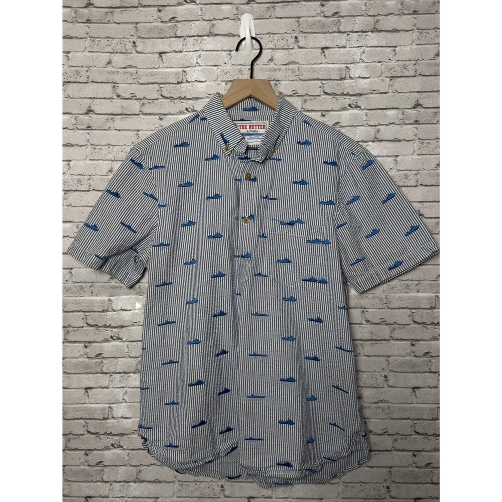 Chubbies The Nutter Shirt Mens Medium Blue White Stripe Boat Embroidered Cotton